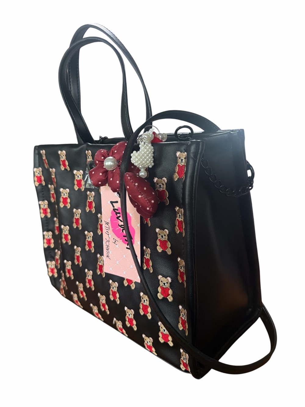 Luv Betsey Johnson Embroidered Teddy Bear Hearts Satchel Crossbody Bag Black Red - Picture 6 of 10